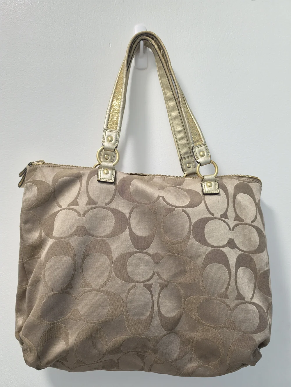 Coach Beige Signature Shoulder Bag with Gold Straps and Colorful Graphic Accents